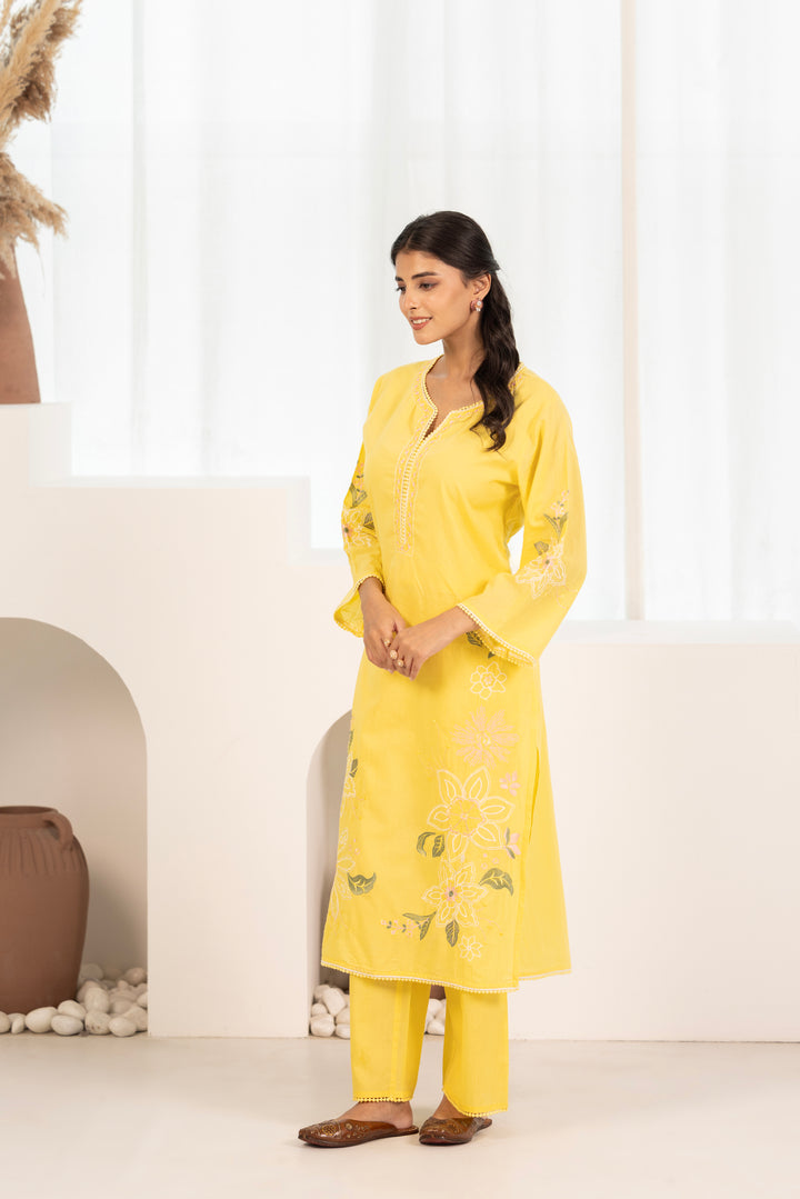 Yellow Cotton Embroidered Designer Kurta Pant Set With Dupatta