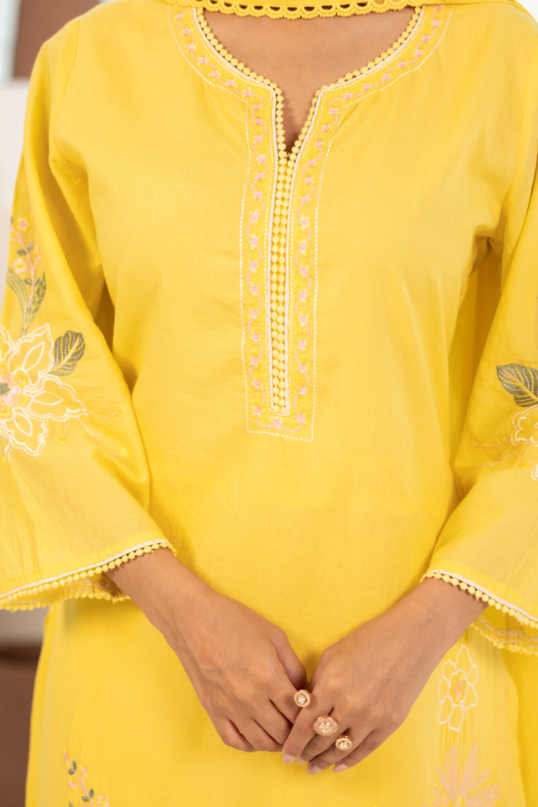 Yellow Cotton Embroidered Designer Kurta Pant Set With Dupatta