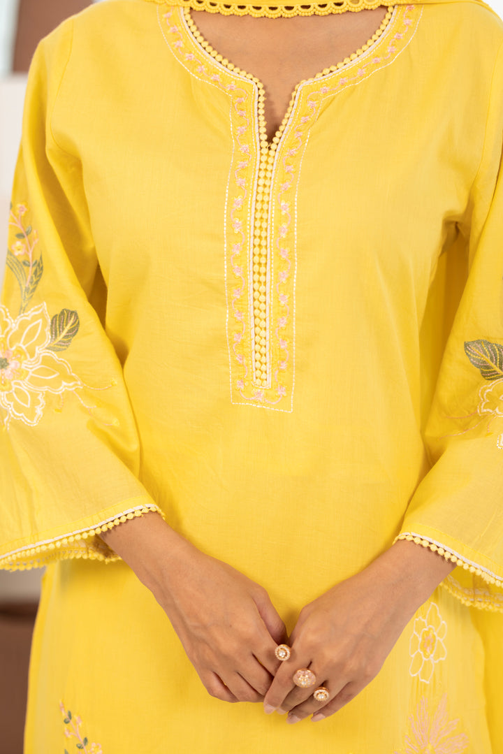 Yellow Cotton Embroidered Designer Kurta Pant Set With Dupatta