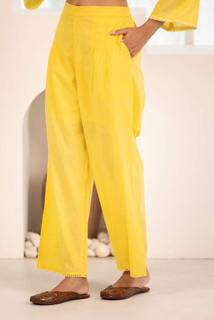 Yellow Cotton Embroidered Designer Kurta Pant Set With Dupatta