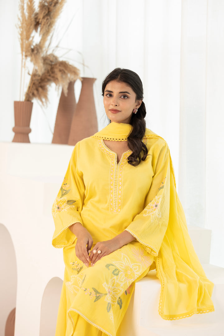 Yellow Cotton Embroidered Designer Kurta Pant Set With Dupatta