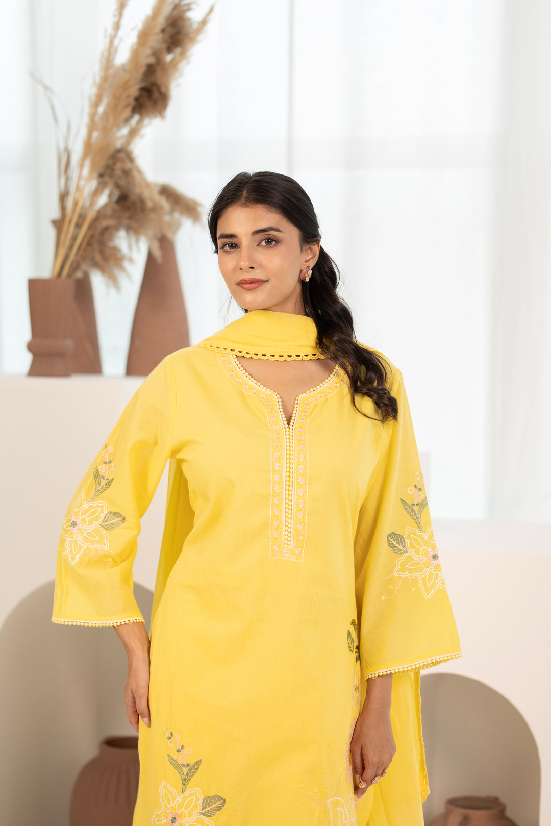 Yellow Cotton Embroidered Designer Kurta Pant Set With Dupatta