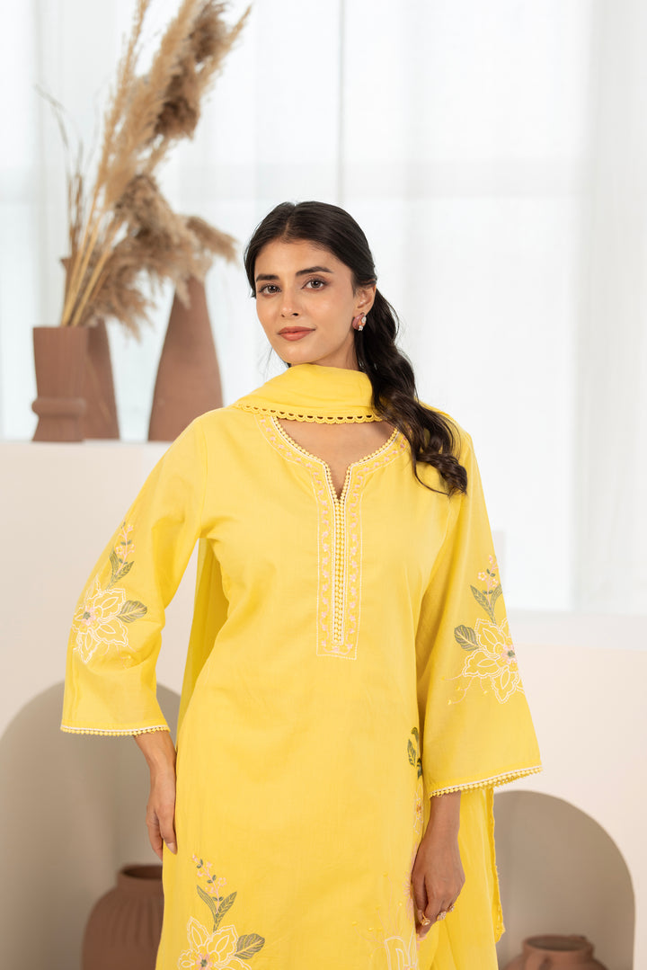 Yellow Cotton Embroidered Designer Kurta Pant Set With Dupatta