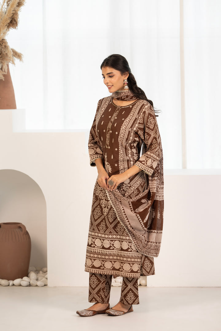 Brown Cotton Printed Designer Kurta Pant With Dupatta Set