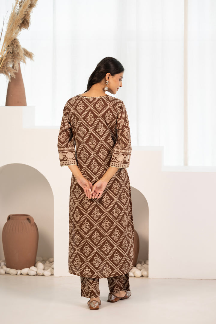 Brown Cotton Printed Designer Kurta Pant With Dupatta Set