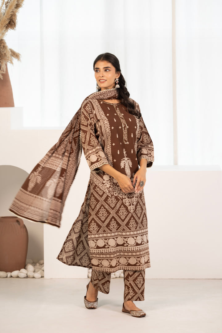 Brown Cotton Printed Designer Kurta Pant With Dupatta Set