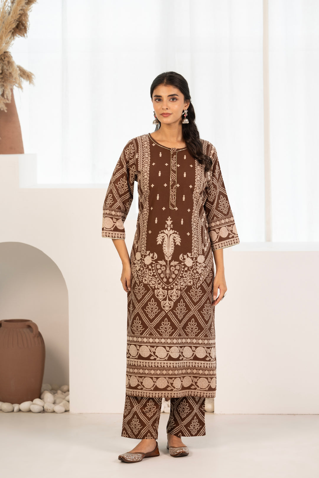 Brown Cotton Printed Designer Kurta Pant With Dupatta Set