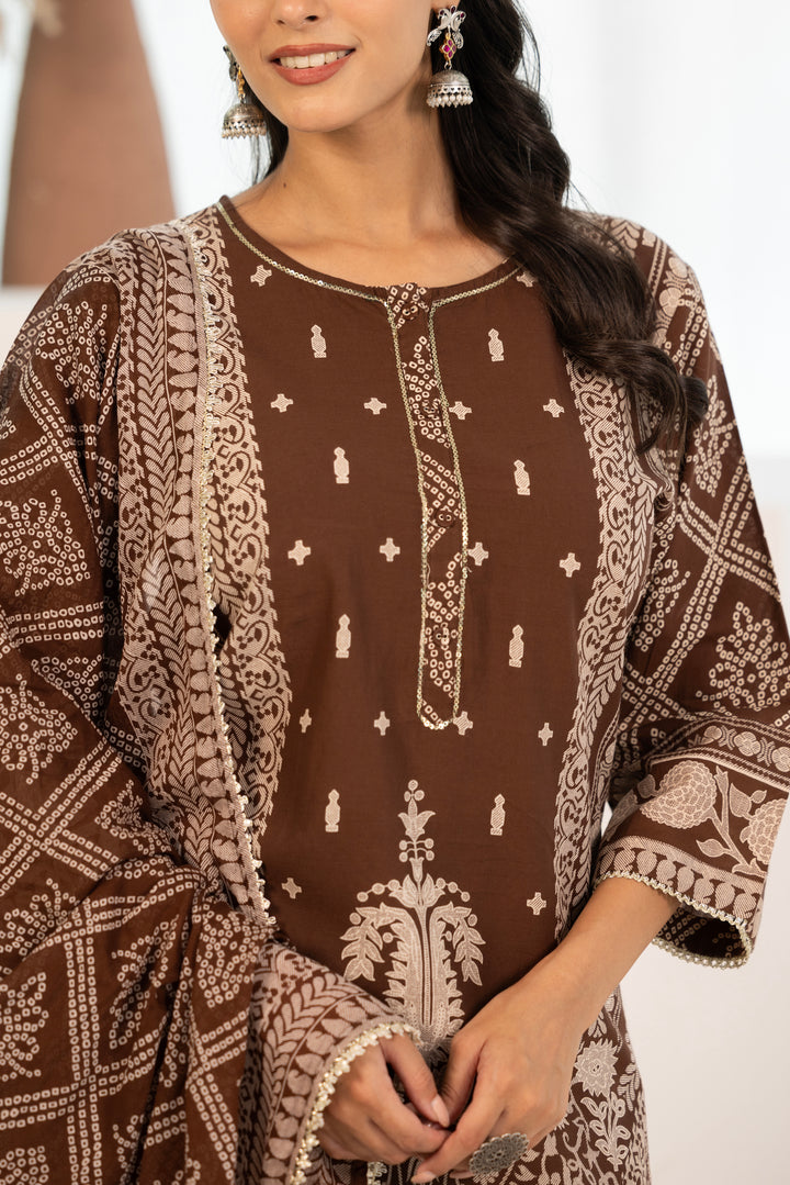 Brown Cotton Printed Designer Kurta Pant With Dupatta Set
