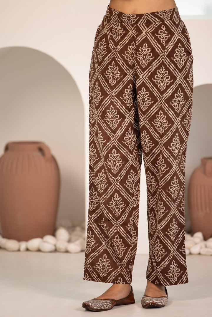 Brown Cotton Printed Designer Kurta Pant With Dupatta Set