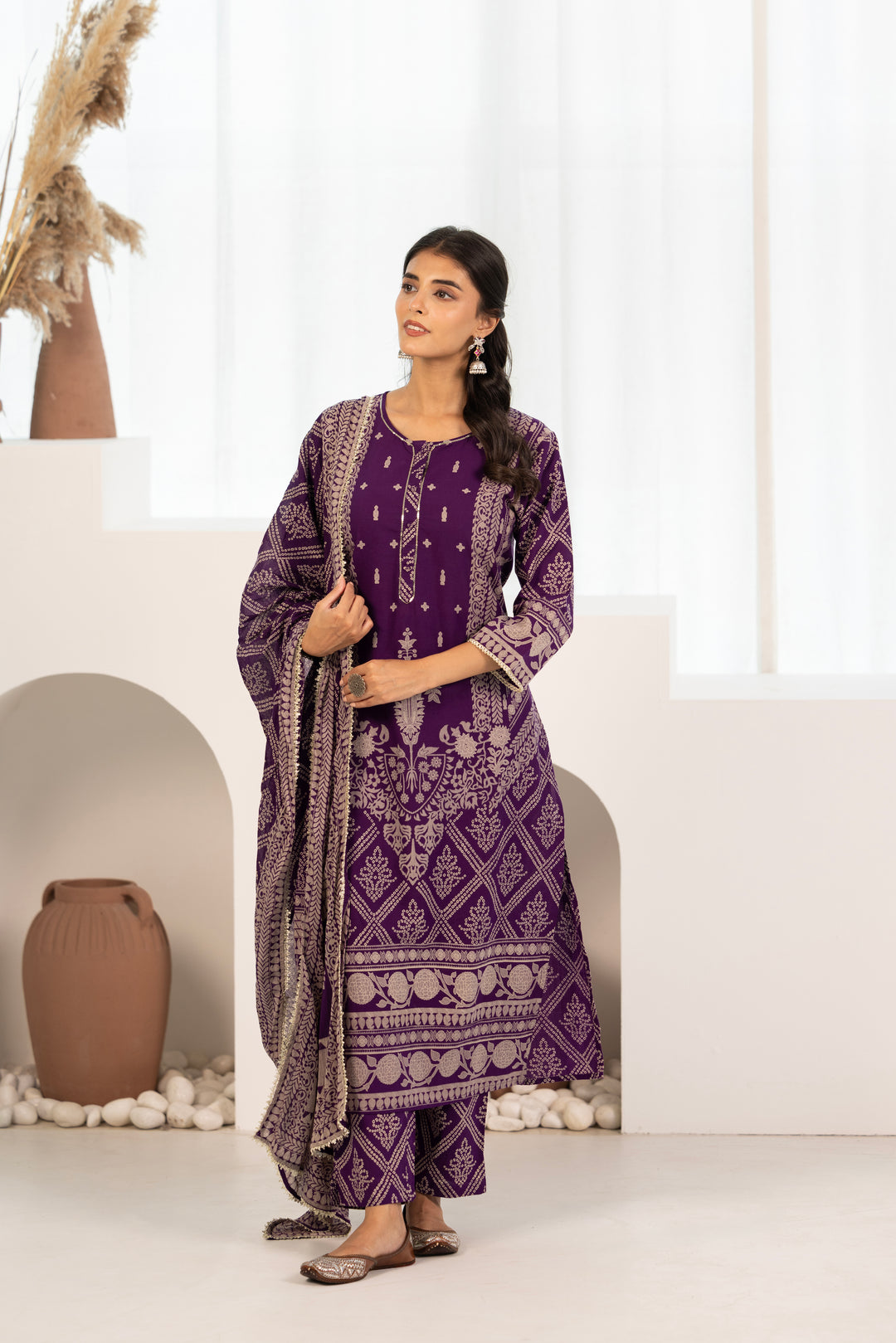 Purple Cotton Printed Designer Kurta Pant With Dupatta Set