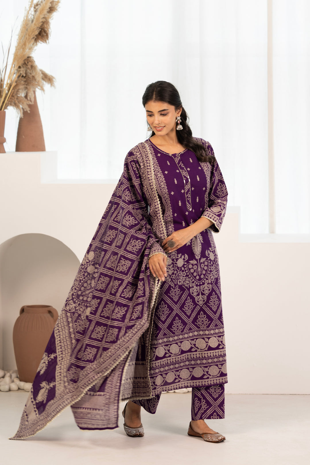 Purple Cotton Printed Designer Kurta Pant With Dupatta Set