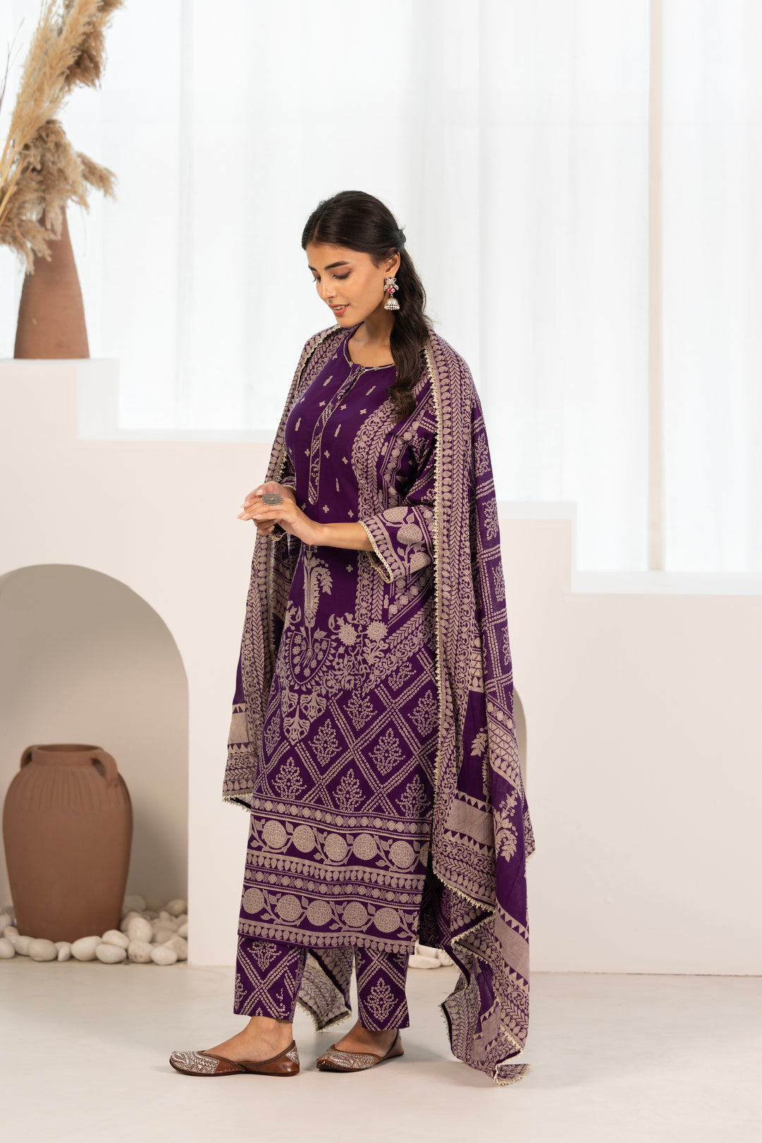 Purple Cotton Printed Designer Kurta Pant With Dupatta Set