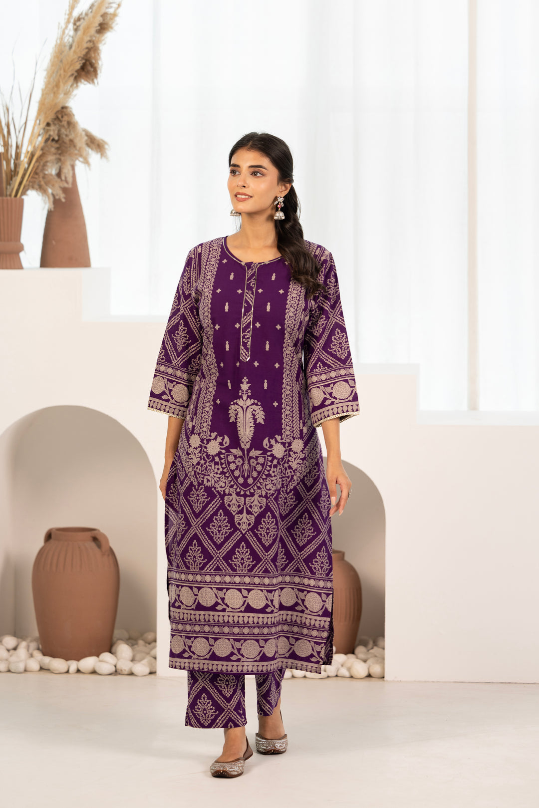 Purple Cotton Printed Designer Kurta Pant With Dupatta Set