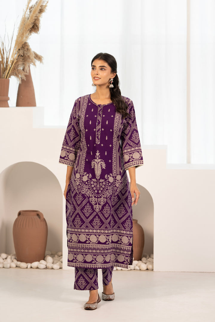 Purple Cotton Printed Designer Kurta Pant With Dupatta Set