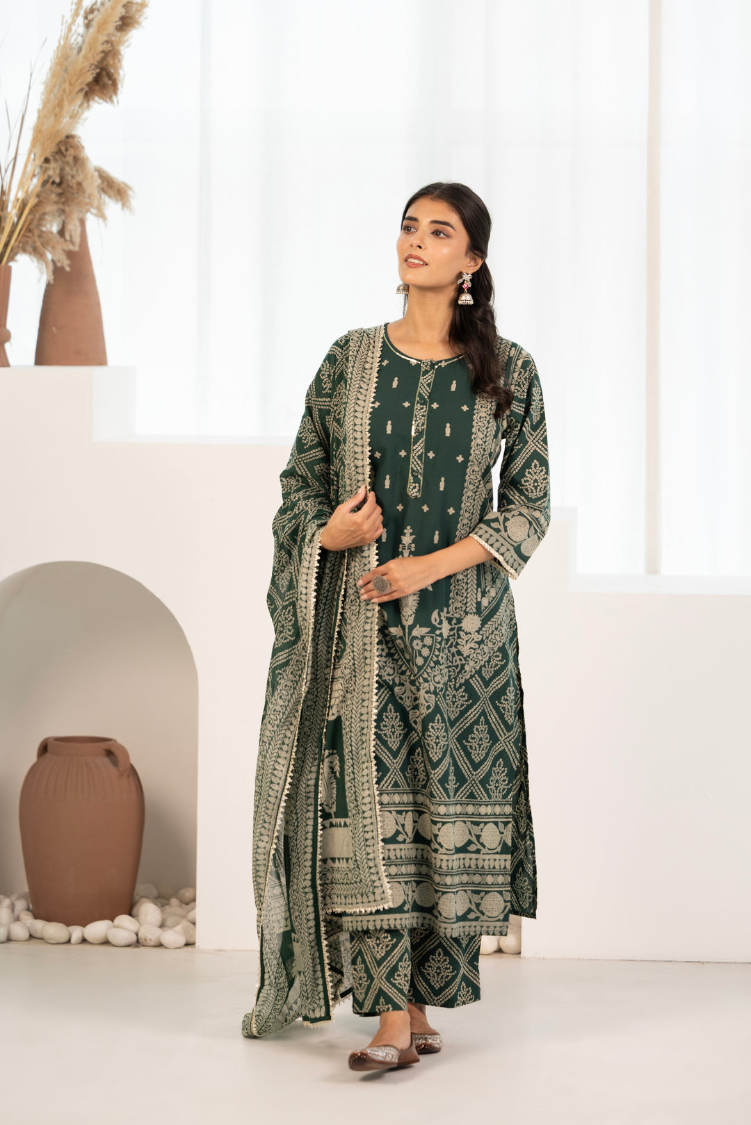 Green Cotton Printed Designer Kurta Pant With Dupatta Set