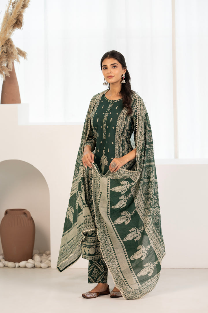 Green Cotton Printed Designer Kurta Pant With Dupatta Set