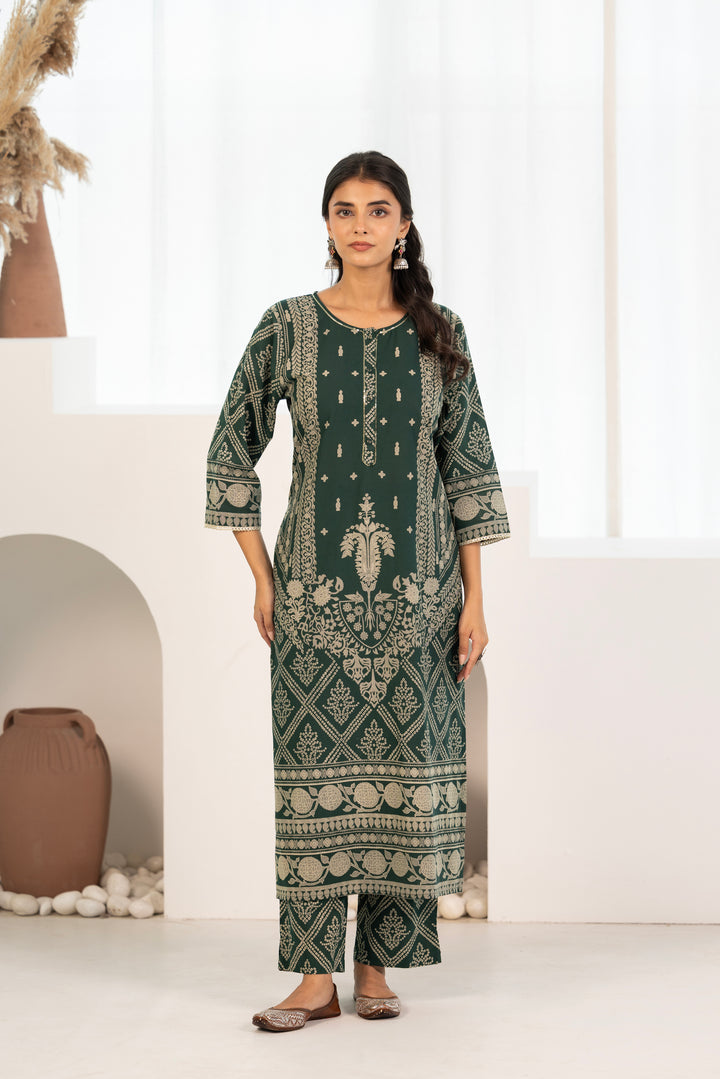 Green Cotton Printed Designer Kurta Pant With Dupatta Set