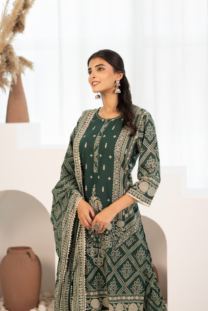 Green Cotton Printed Designer Kurta Pant With Dupatta Set