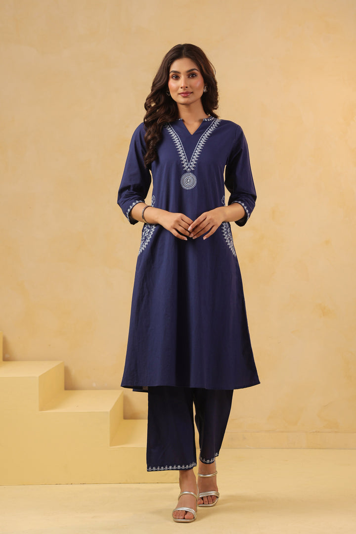 Blue Cotton Embroidery Designer Kurta Pant Set