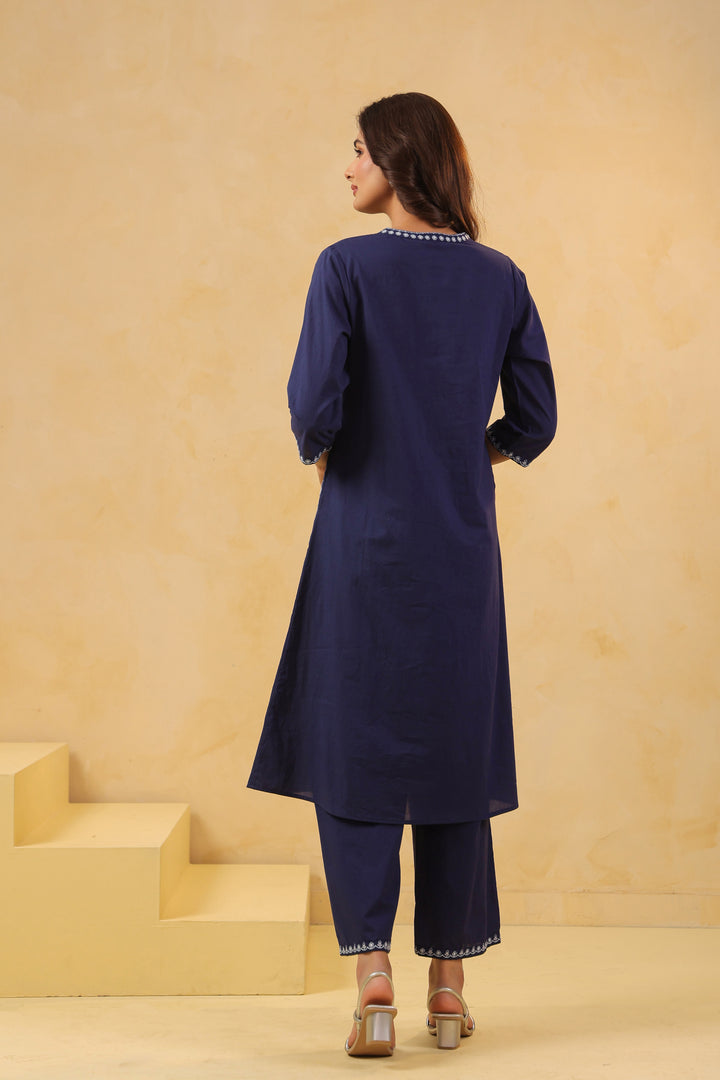 Blue Cotton Embroidery Designer Kurta Pant Set