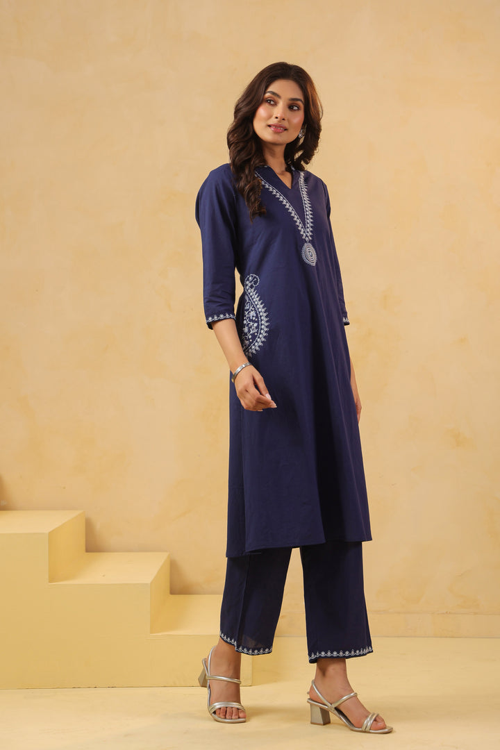 Blue Cotton Embroidery Designer Kurta Pant Set