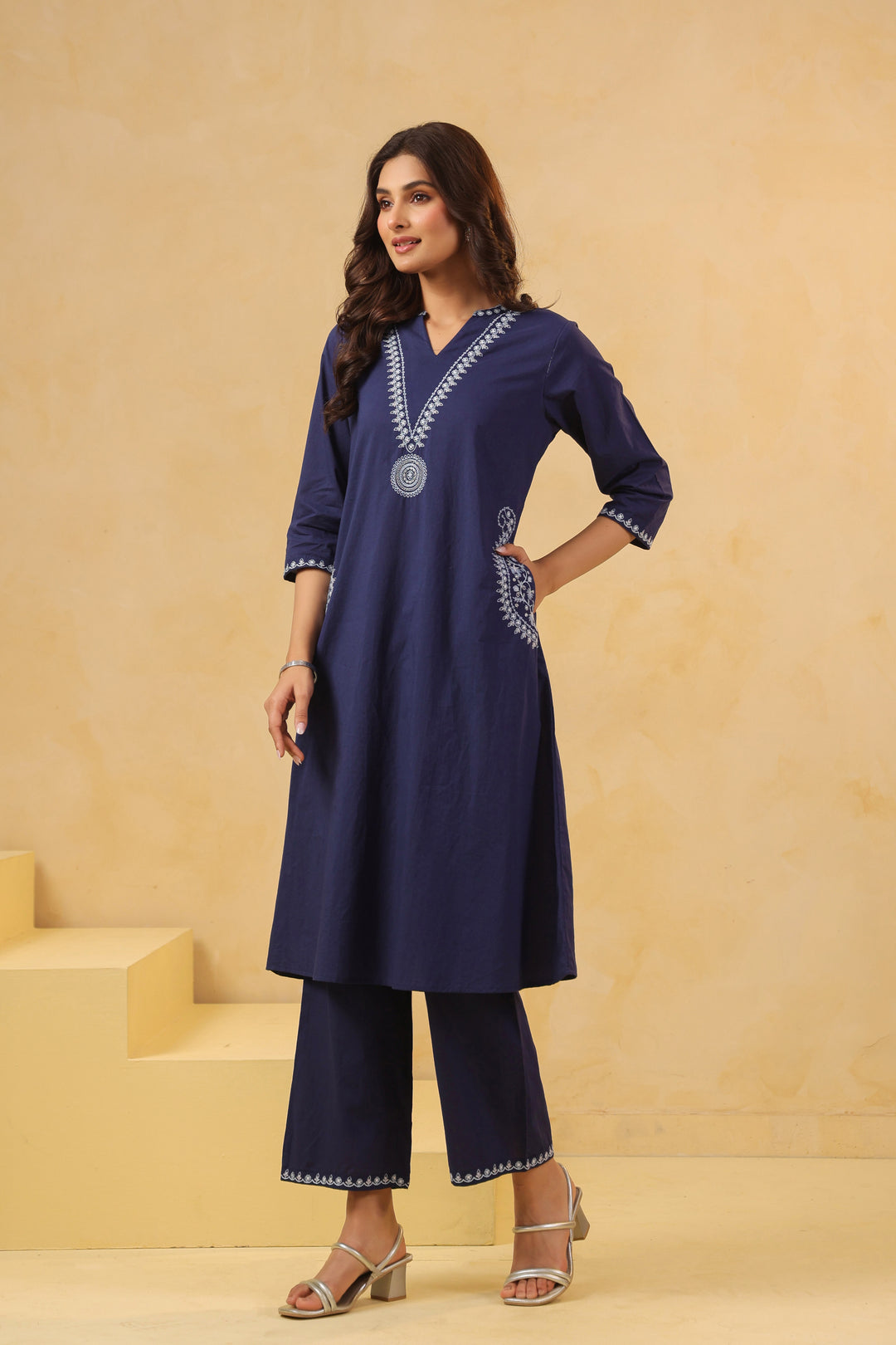 Blue Cotton Embroidery Designer Kurta Pant Set