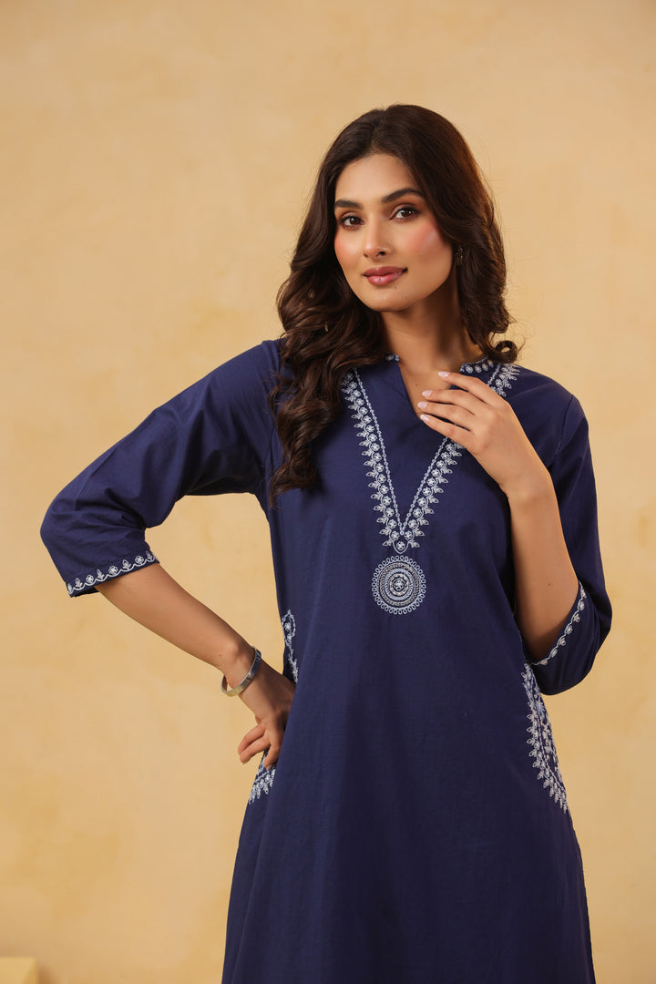 Blue Cotton Embroidery Designer Kurta Pant Set