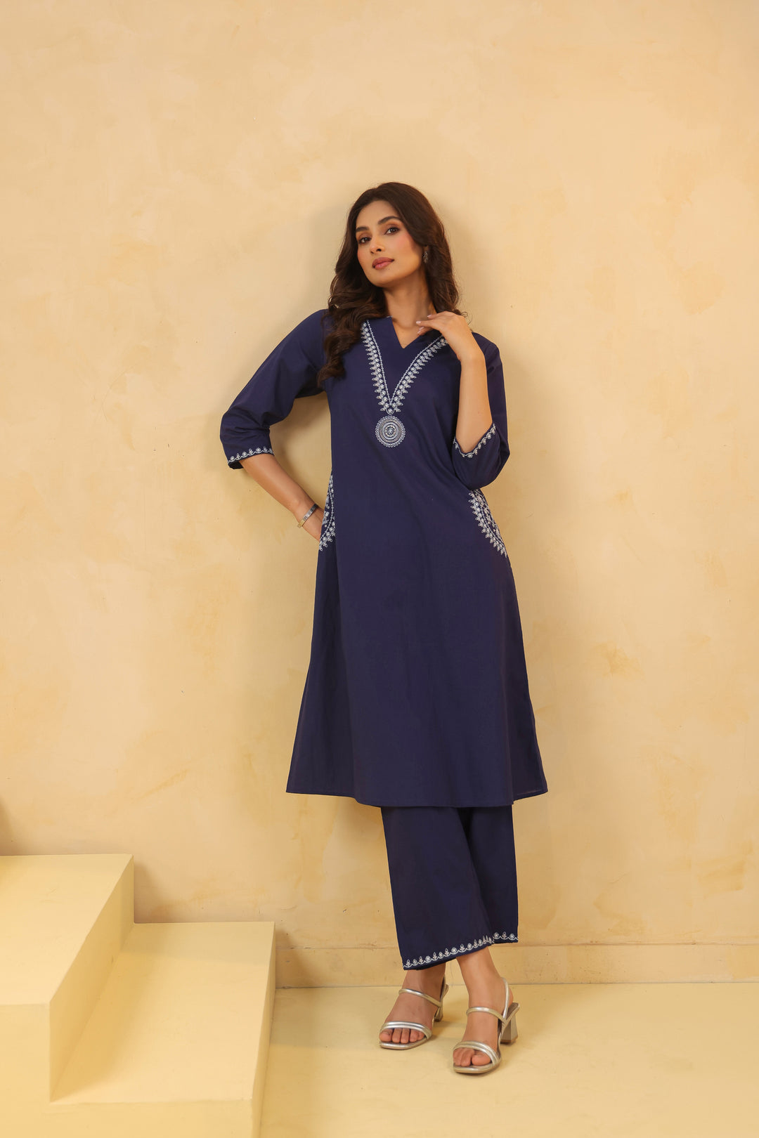 Blue Cotton Embroidery Designer Kurta Pant Set