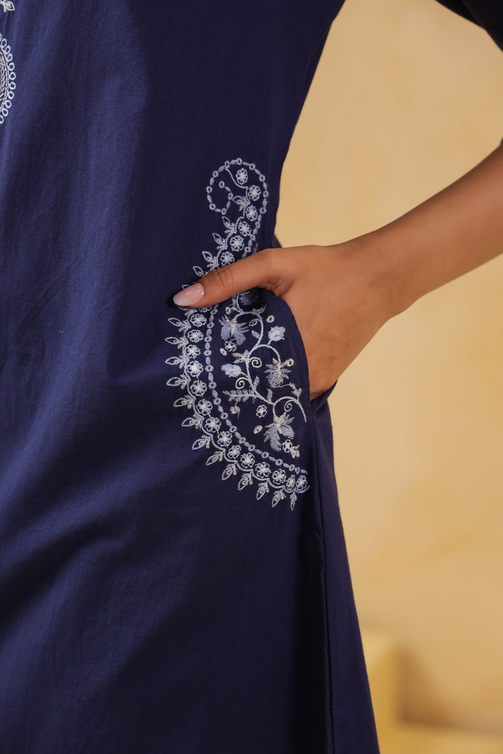 Blue Cotton Embroidery Designer Kurta Pant Set