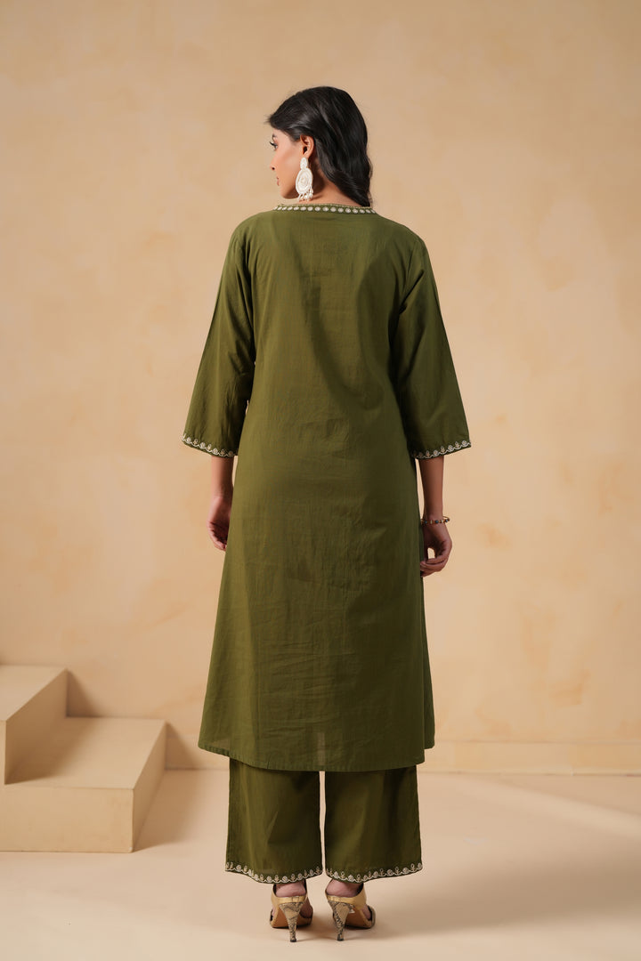 Green Cotton Embroidered Designer Kurta Pant Set
