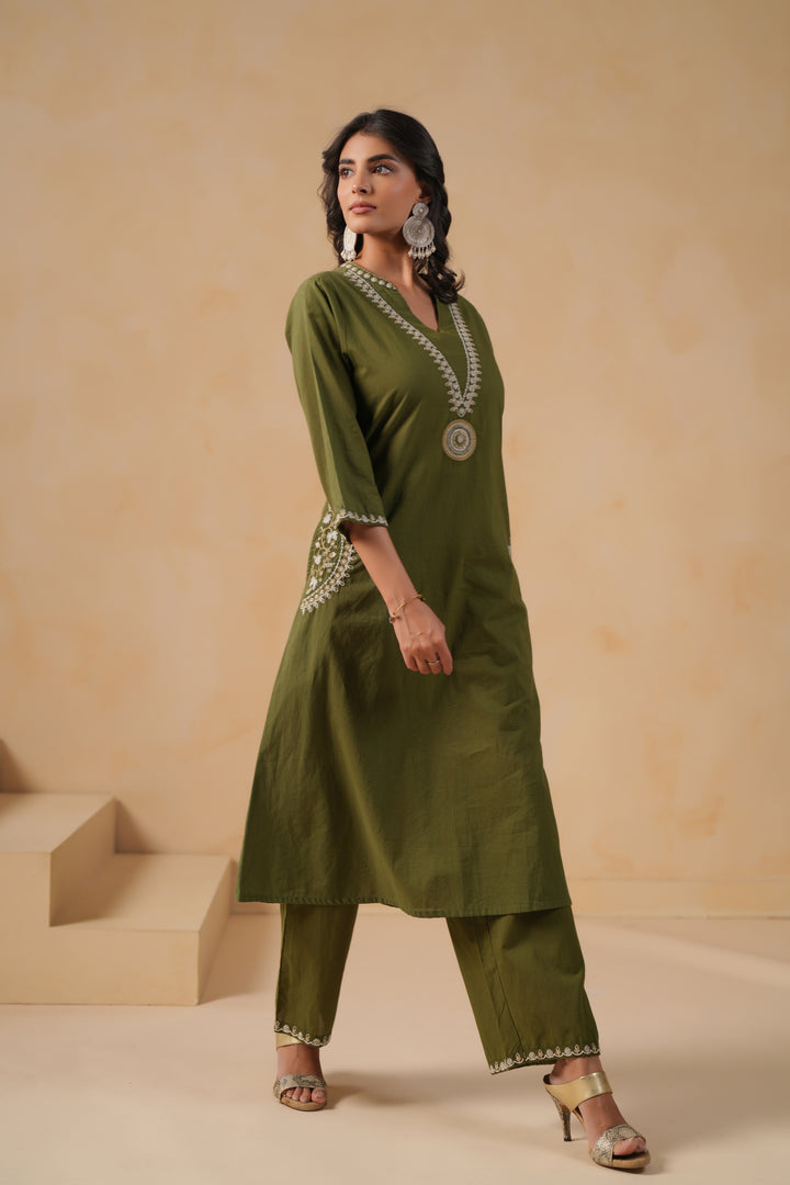 Green Cotton Embroidered Designer Kurta Pant Set