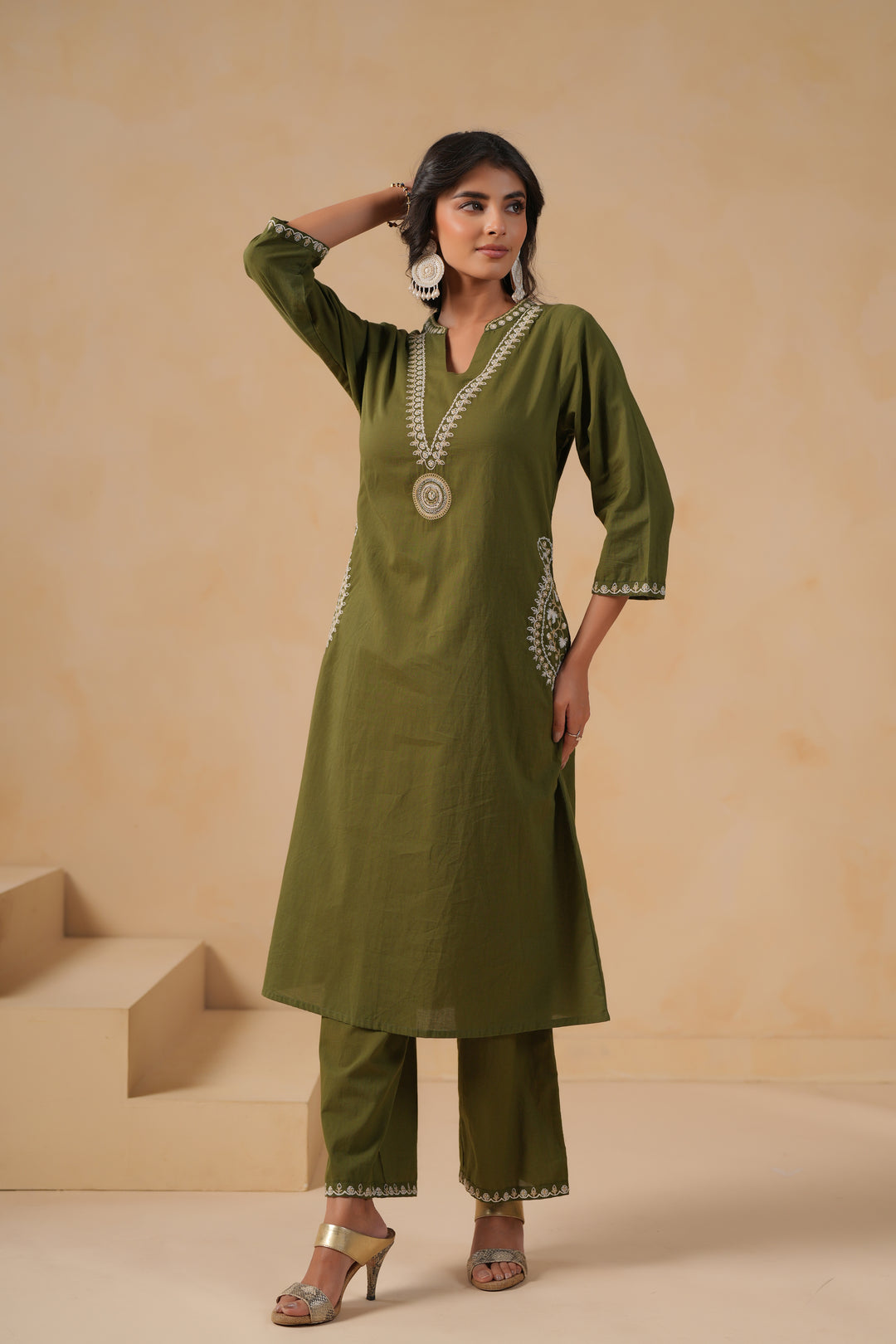 Green Cotton Embroidered Designer Kurta Pant Set
