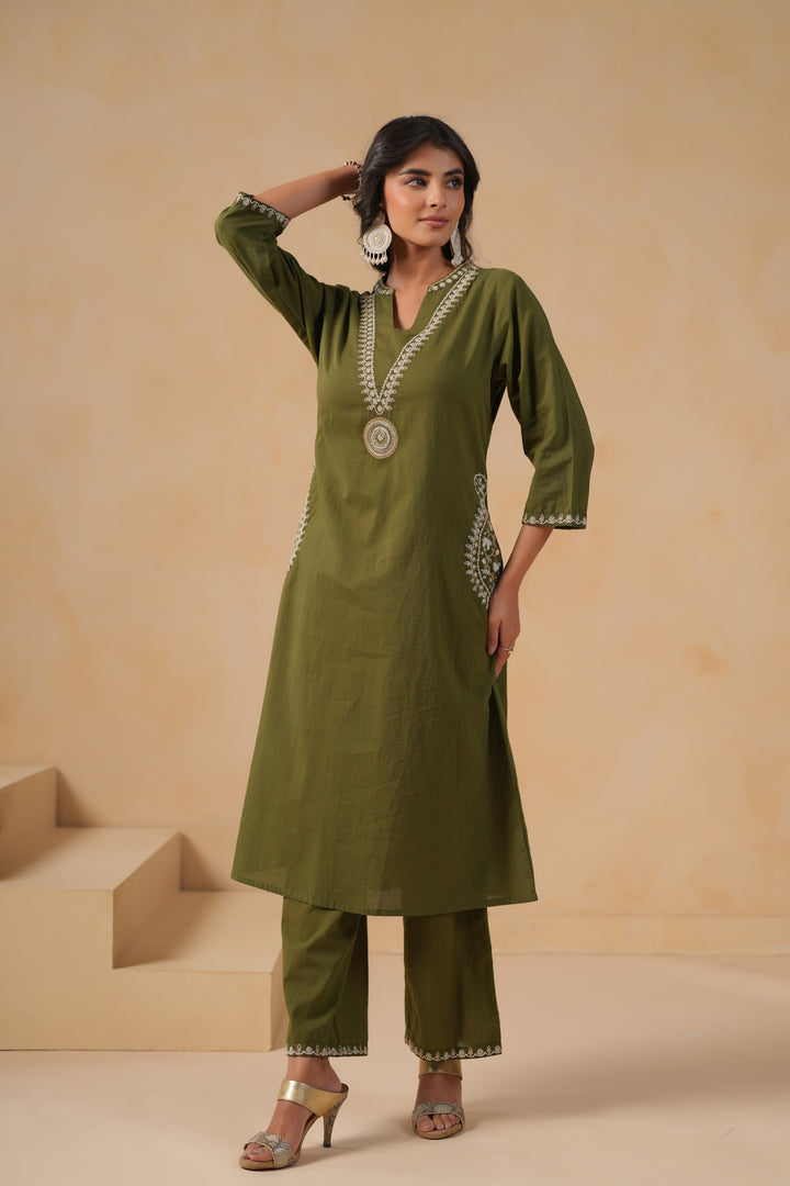 Green Cotton Embroidered Designer Kurta Pant Set