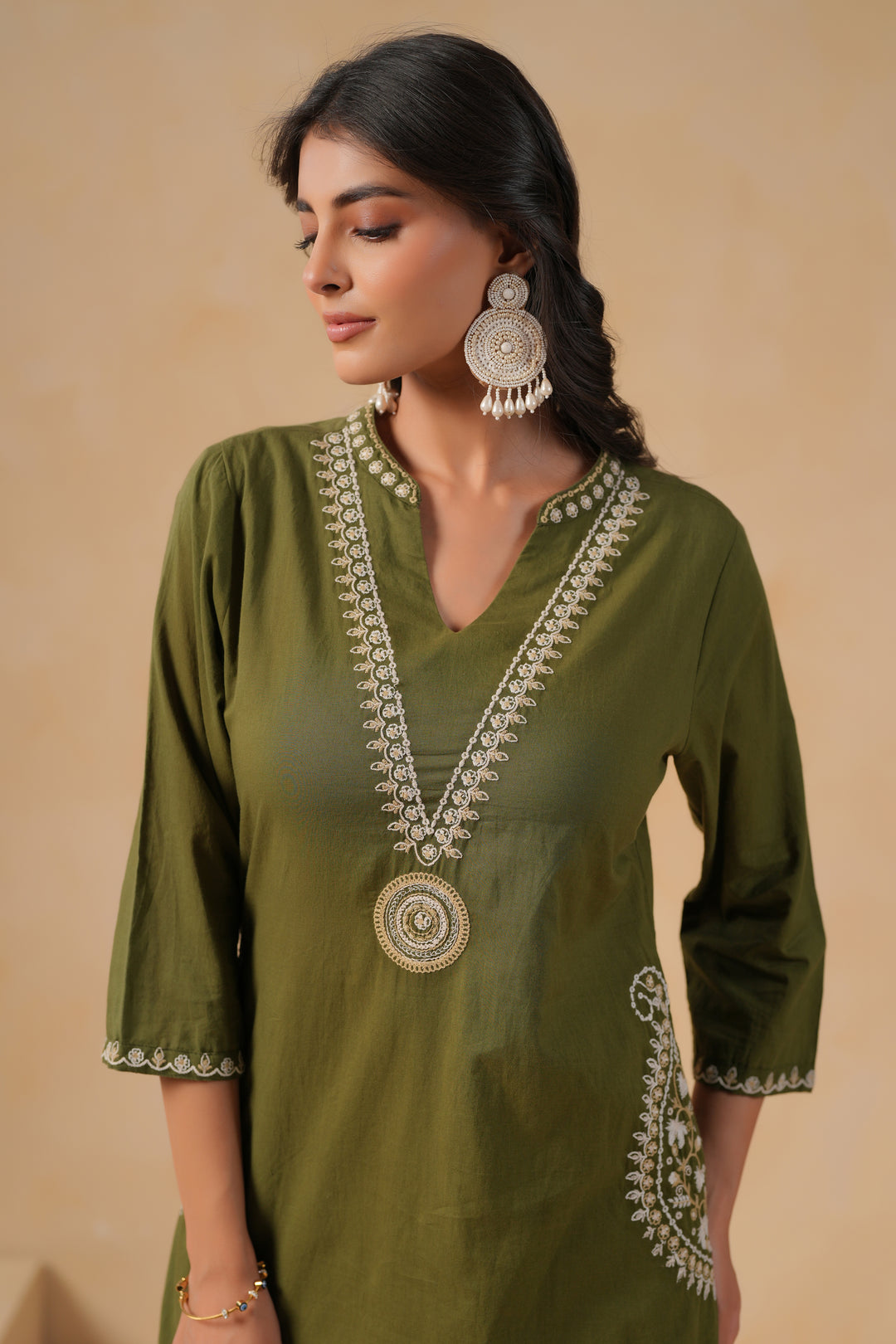 Green Cotton Embroidered Designer Kurta Pant Set