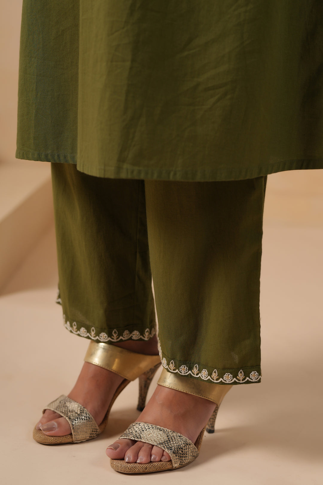 Green Cotton Embroidered Designer Kurta Pant Set