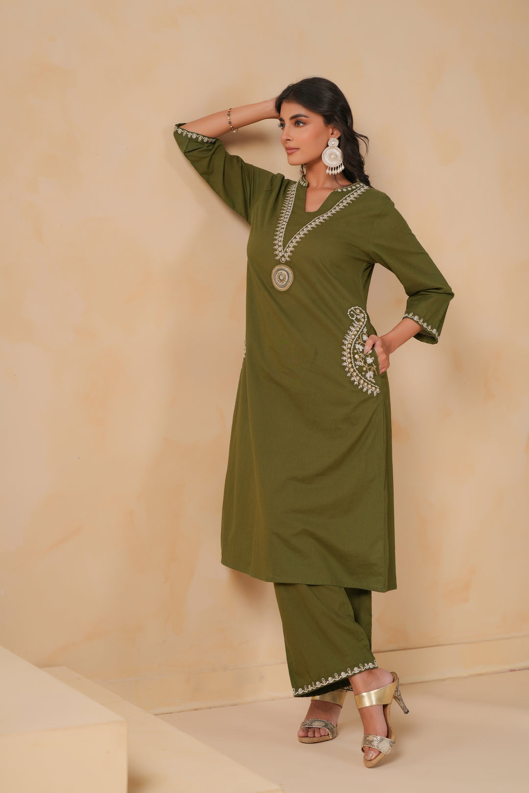 Green Cotton Embroidered Designer Kurta Pant Set