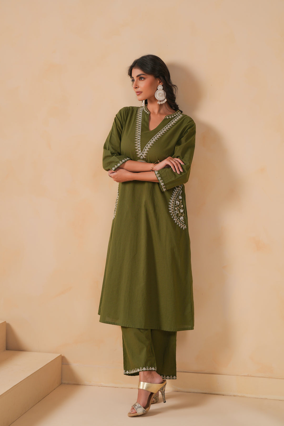 Green Cotton Embroidered Designer Kurta Pant Set