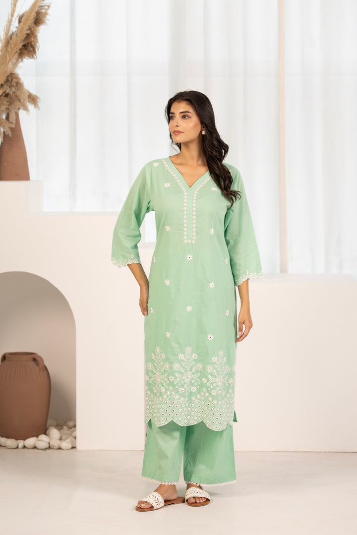 Mint Green Cotton Embroidered Designer Kurta Pant Set