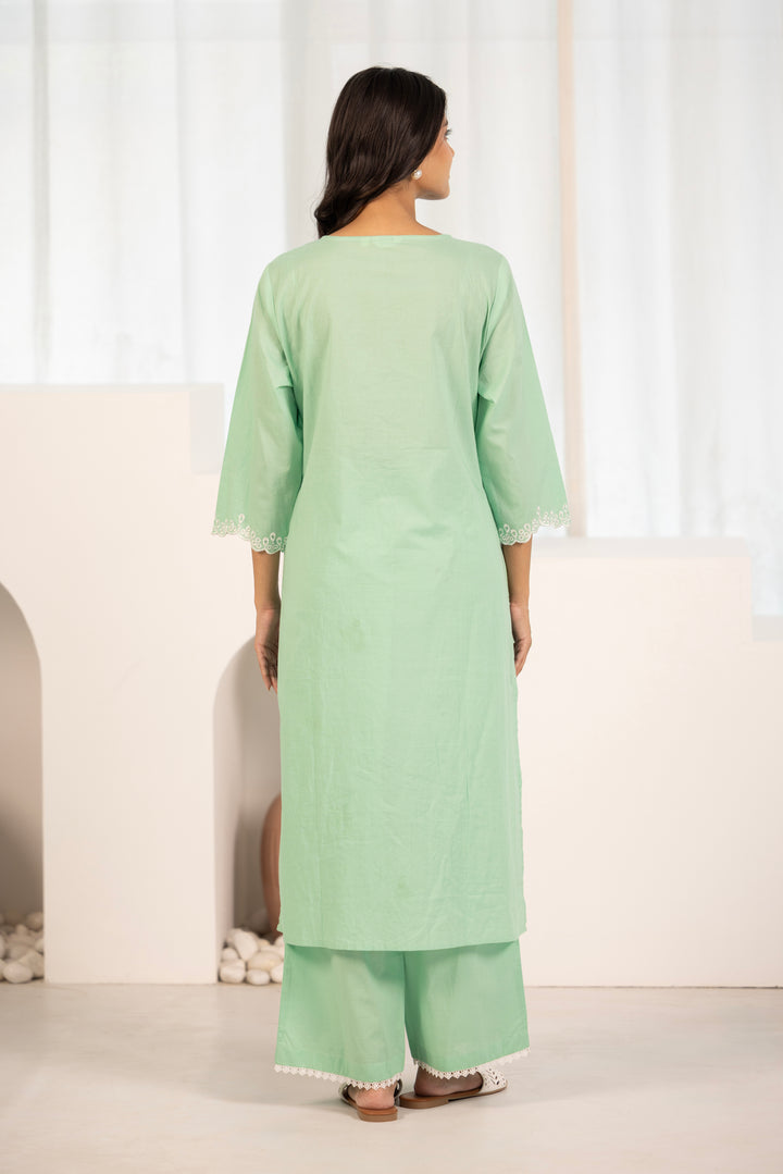 Mint Green Cotton Embroidered Designer Kurta Pant Set