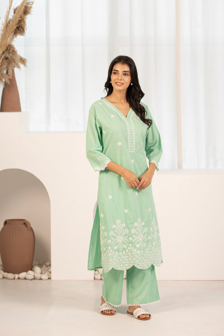 Mint Green Cotton Embroidered Designer Kurta Pant Set