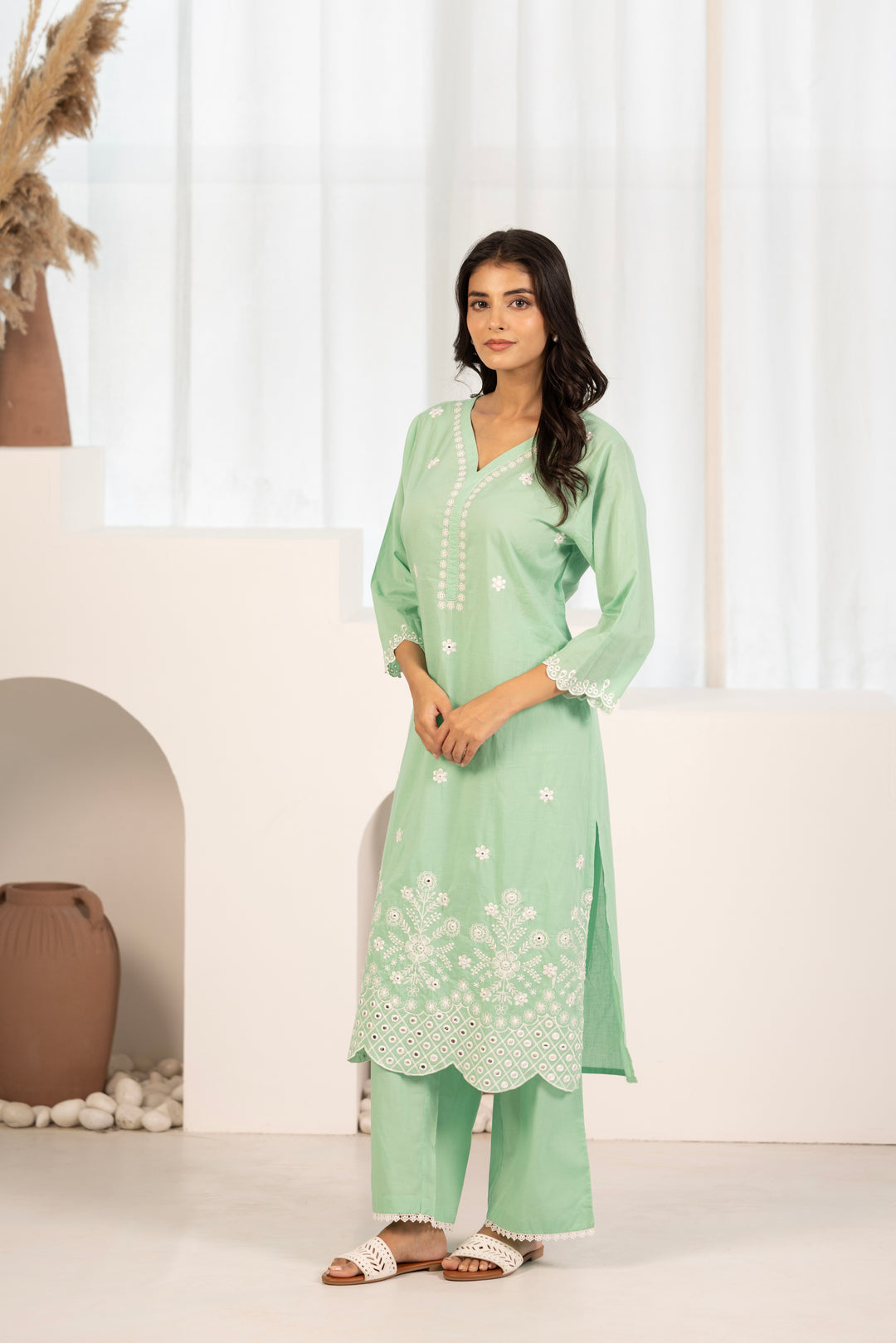 Mint Green Cotton Embroidered Designer Kurta Pant Set