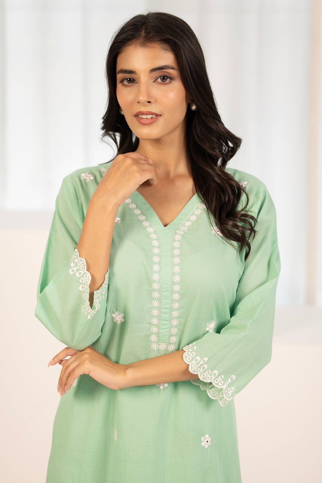 Mint Green Cotton Embroidered Designer Kurta Pant Set
