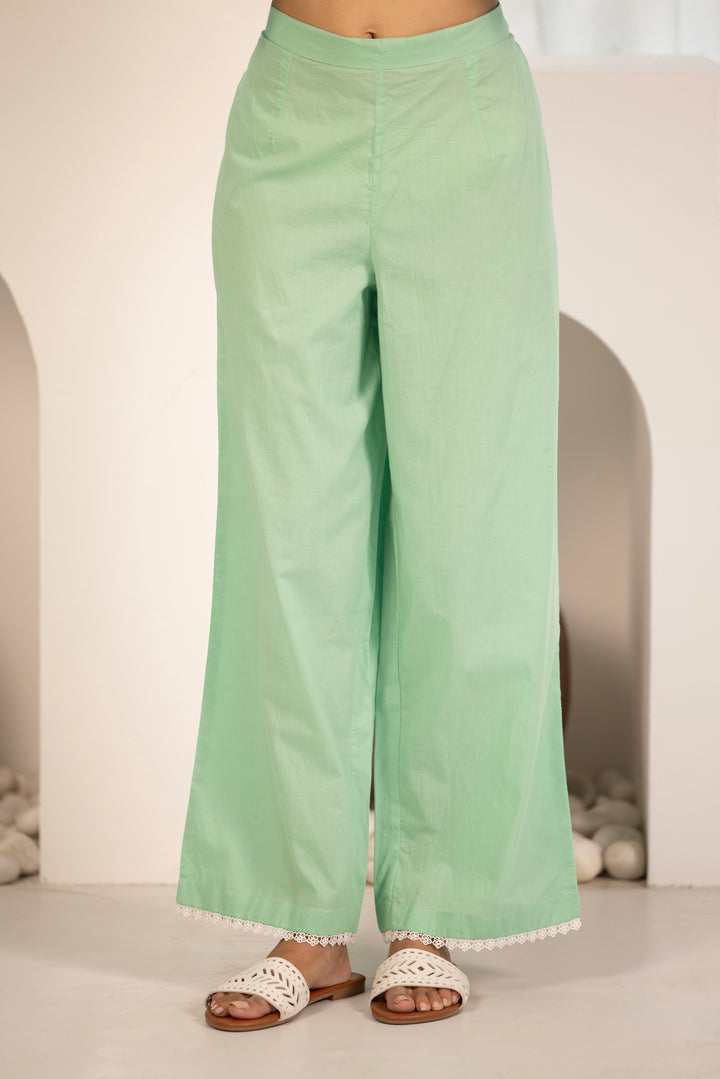 Mint Green Cotton Embroidered Designer Kurta Pant Set