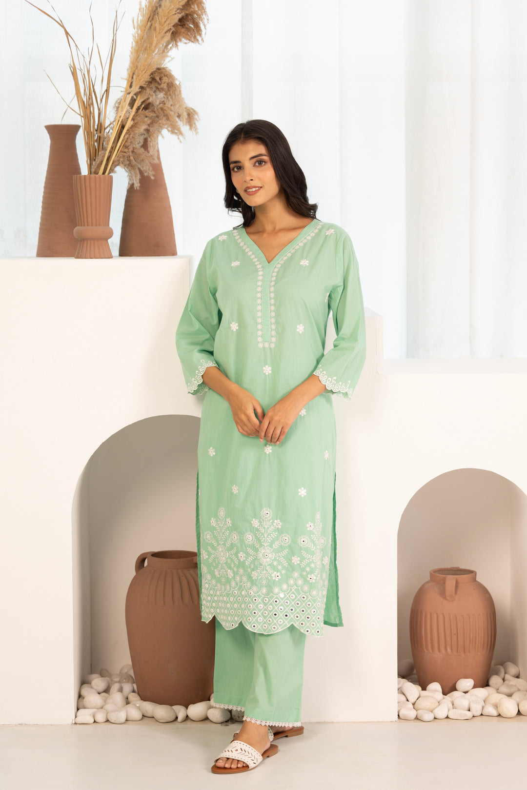 Mint Green Cotton Embroidered Designer Kurta Pant Set