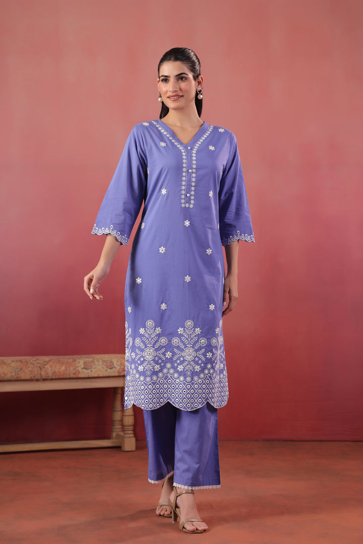 Purple Cotton Embroidered Kurta Pant Set