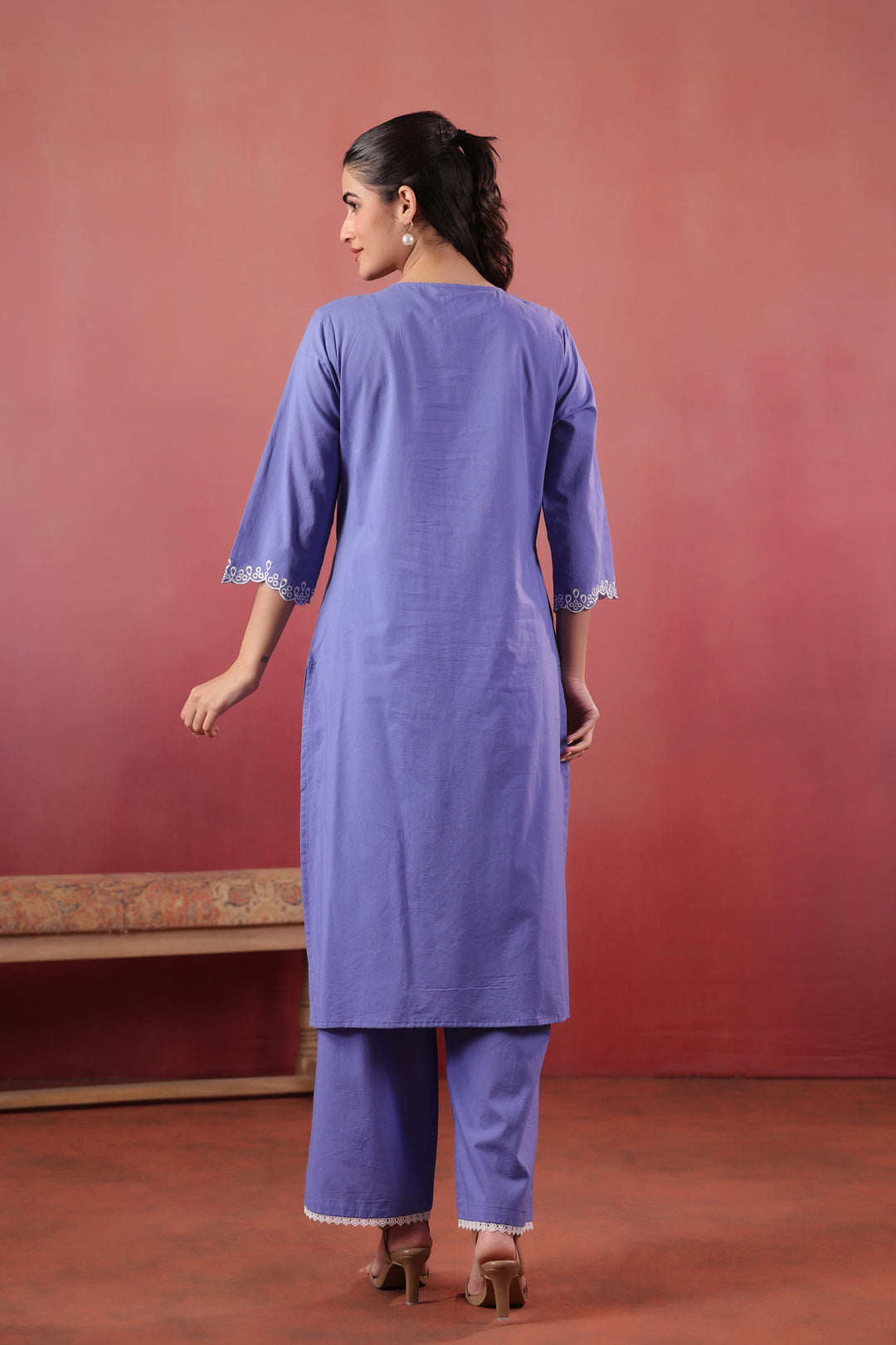 Purple Cotton Embroidered Kurta Pant Set