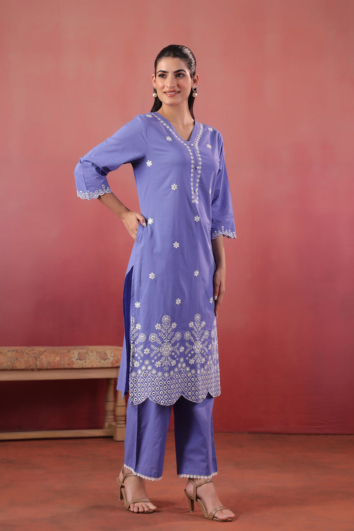 Purple Cotton Embroidered Kurta Pant Set