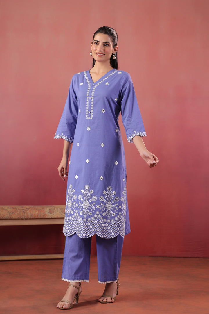 Purple Cotton Embroidered Kurta Pant Set
