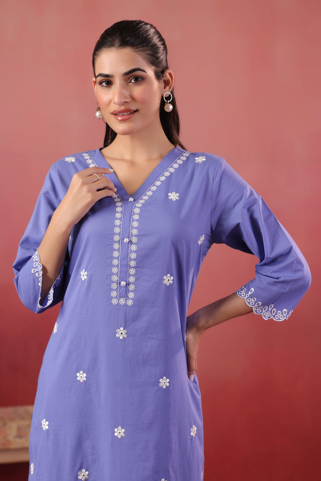 Purple Cotton Embroidered Kurta Pant Set
