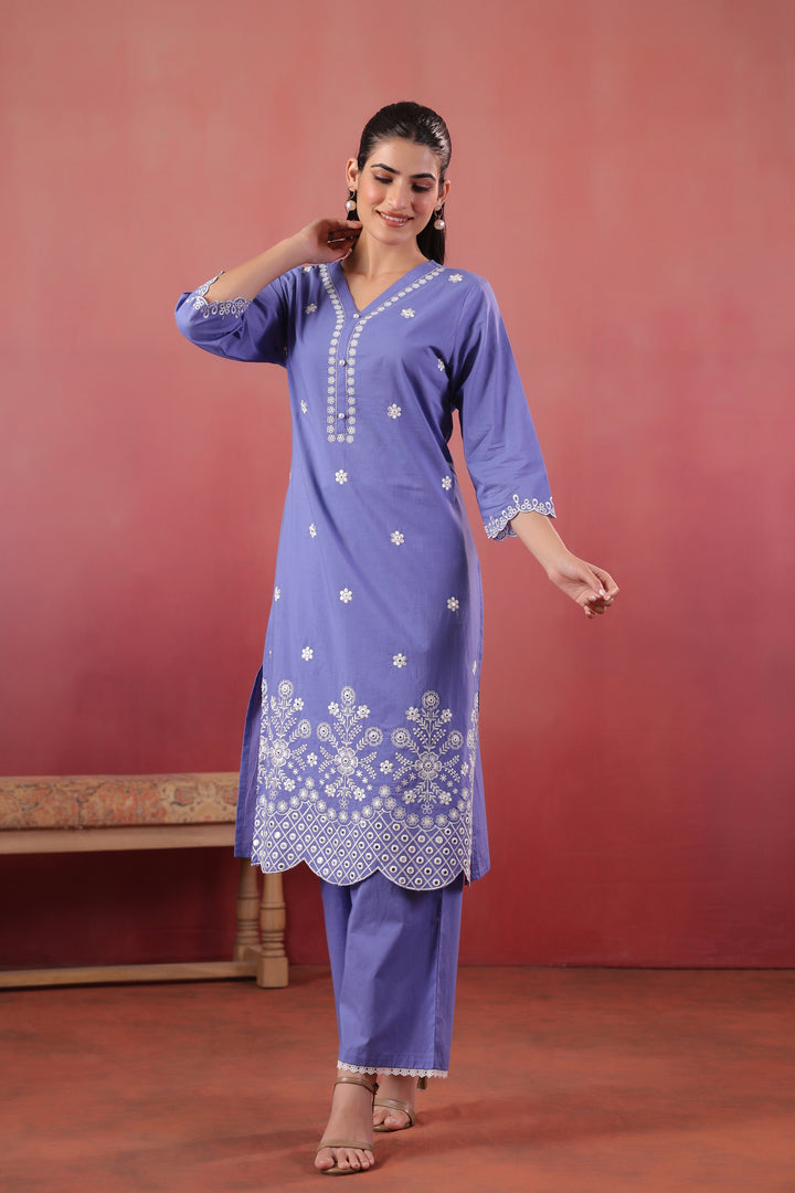Purple Cotton Embroidered Kurta Pant Set